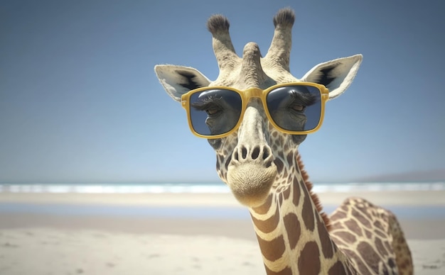 Photo a giraffe wearing sunglasses on a beach.