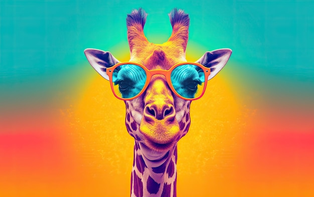 Giraffe wearing sunglasses on colorful gradient background cool summer banner