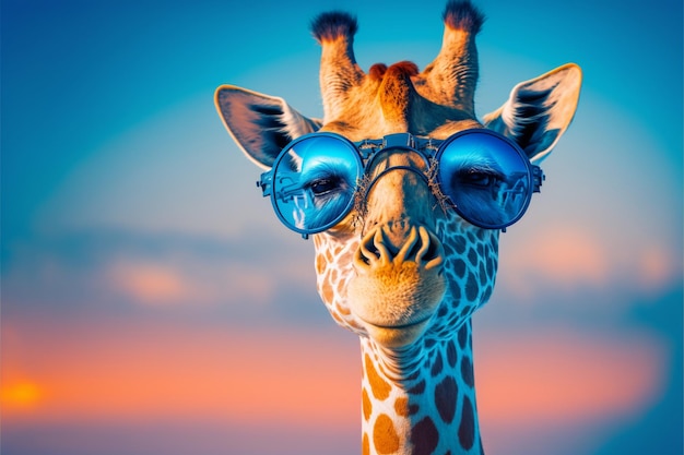 A giraffe wearing sunglasses in a colorful sunset