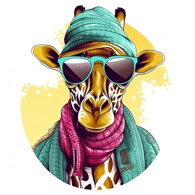 A giraffe wearing sunglasses and head scarf AI generative Clipart on white