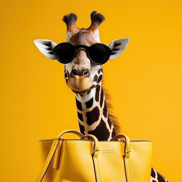 A giraffe wearing sunglasses and holding a purse Generative Ai