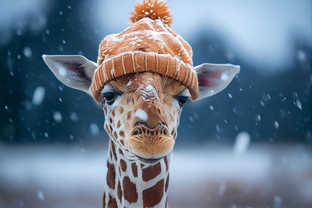 Giraffe wearing a warm winter hat during snowfallgenerative ai