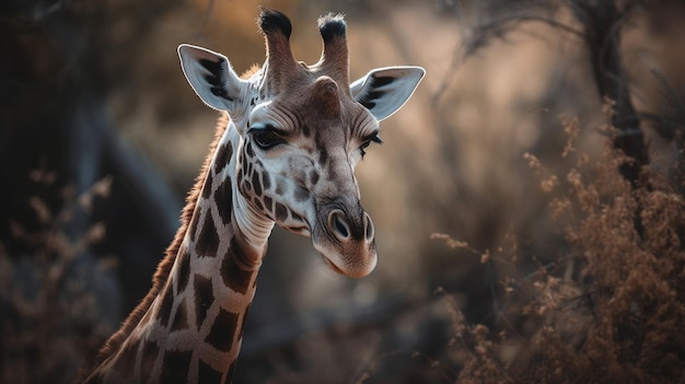 A giraffe in the wild with a blurry background