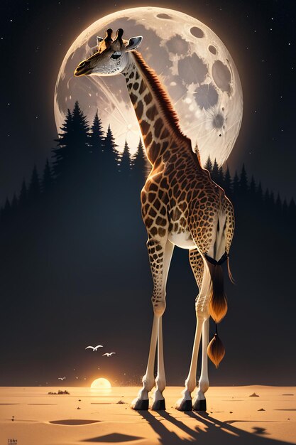 Giraffe wildlife wallpaper background hd photography illustration under the moon at night