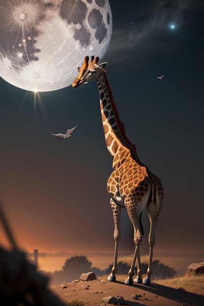 지라프 야생 동물 벽지 배경 HD 사진 일러스트레이션 밤에 달 아래