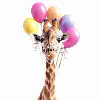 Photo a giraffe with balloons that say quot giraffe quot