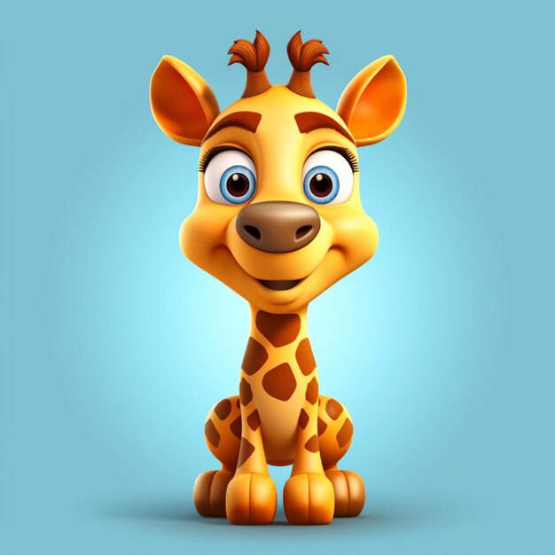 A giraffe with a blue background that says