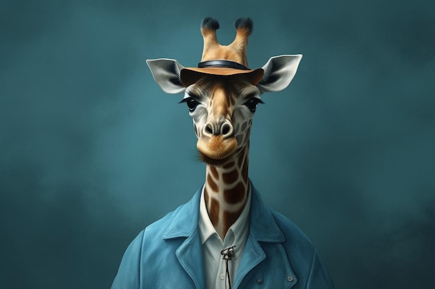 A giraffe with a blue jacket and a blue hat