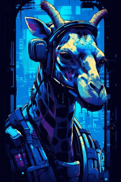 A giraffe with a blue jacket and a blue hat