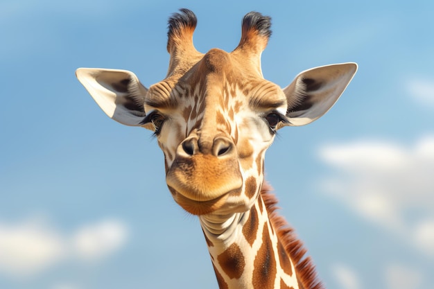 A giraffe with a blue sky behind it