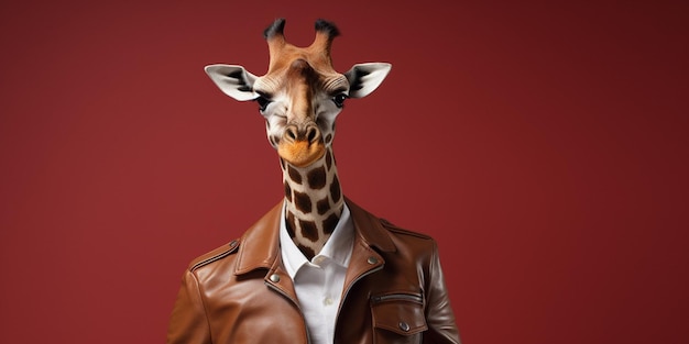 A giraffe with a brown jacket on