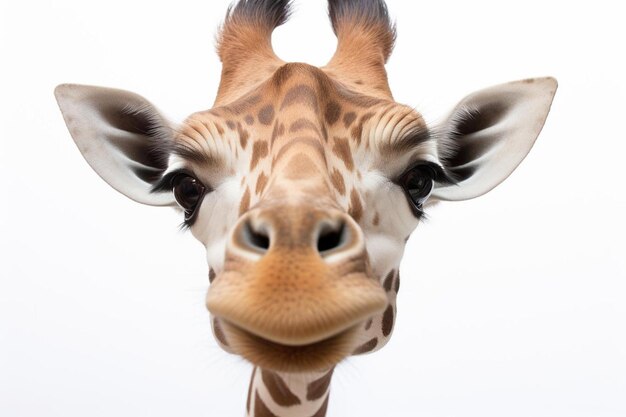 Photo a giraffe with a brown nose and a white background