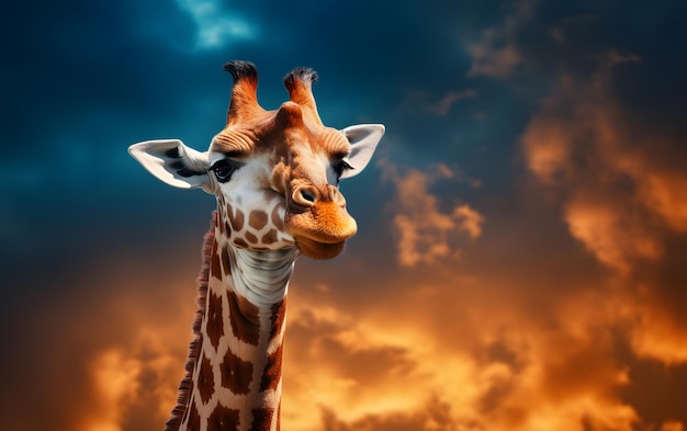 A giraffe with a cloudy sky behind it