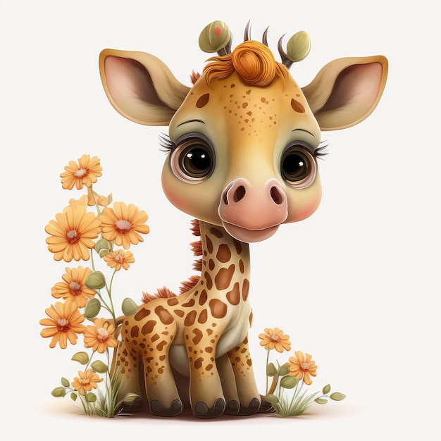 Photo a giraffe with a flower on it is looking at the camera.