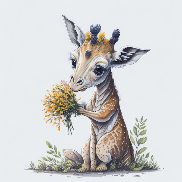 A giraffe with a flower on its head is holding a bunch of flowers.