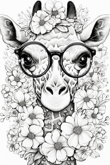 giraffe with flowers and glasses coloring book for adults