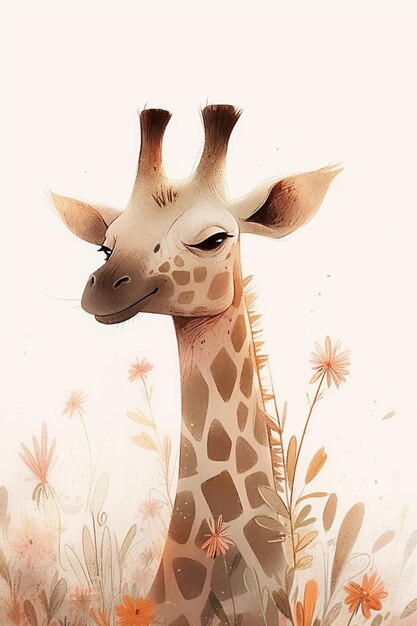 A giraffe with a flowery background and a giraffe head.