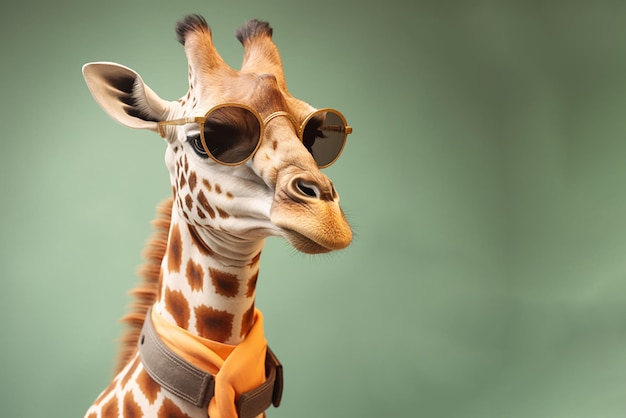 Giraffe with glasses and a scarf on a green background