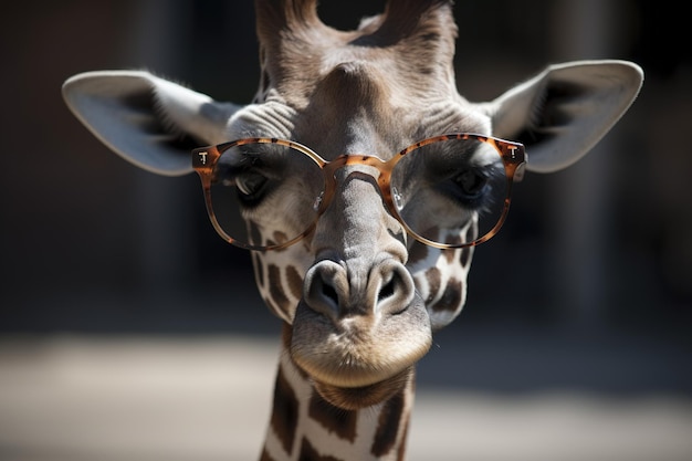 A giraffe with glasses that say giraffe.