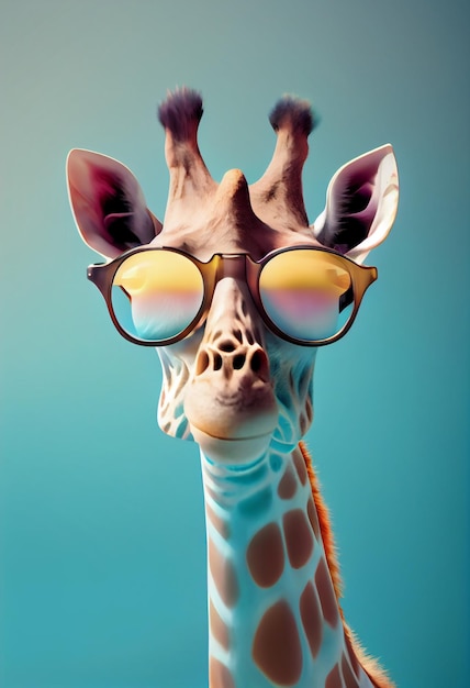 Foto una giraffa con occhiali con su scritto 