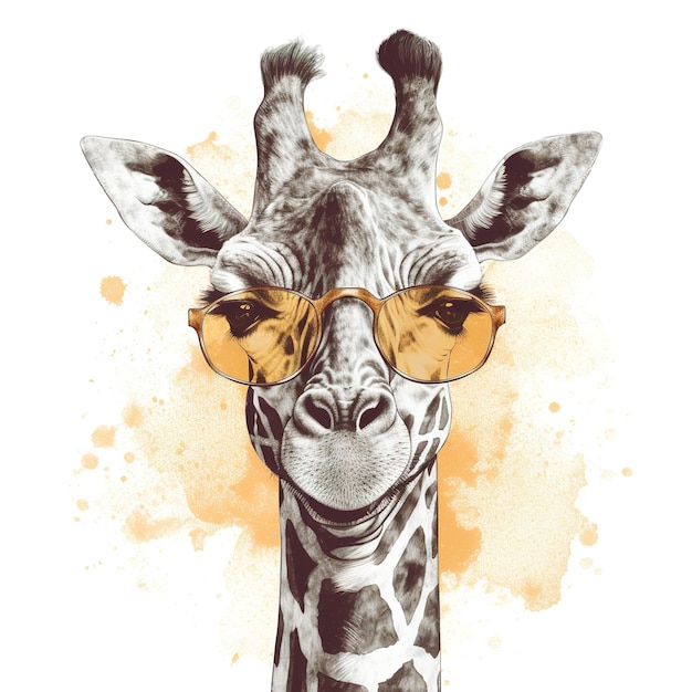 A giraffe with glasses on and a yellow background.