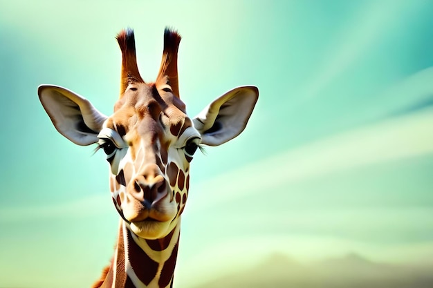 A giraffe with horns on its head and the sky in the background