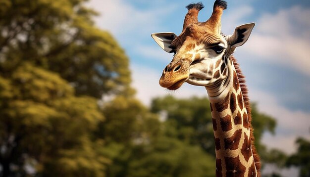 Photo a giraffe with horns that are brown and white