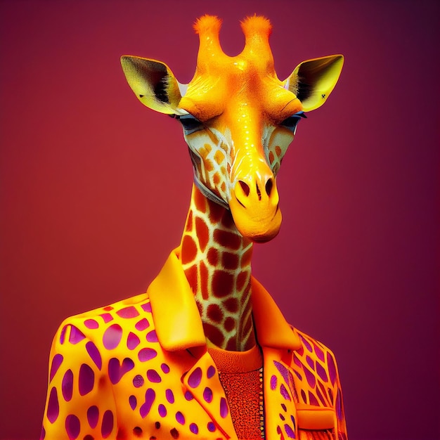 A giraffe with a jacket on it and the word giraffe on it.