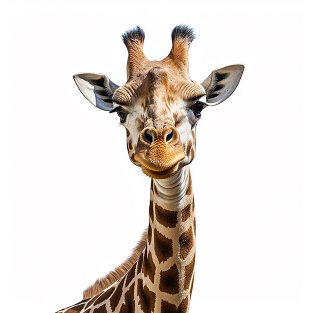 A giraffe with a long neck and a black nose.