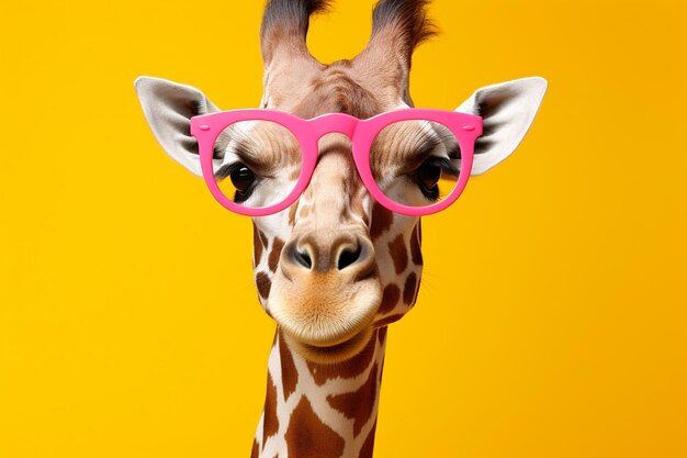 A giraffe with a pink glasses on and a yellow background