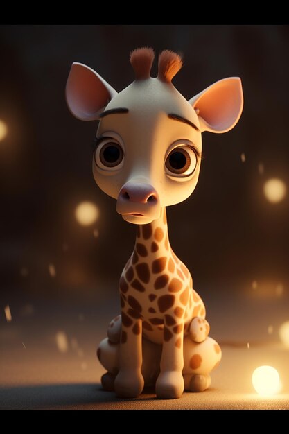 A giraffe with a pink nose sits on a table in front of a dark background.