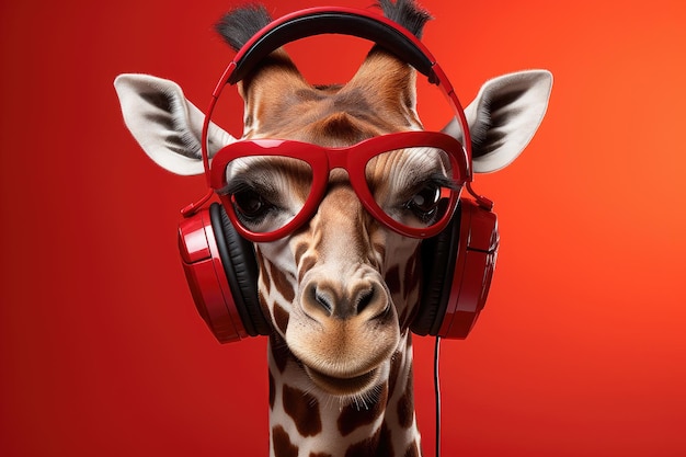 A giraffe with red glasses and red headphones on a red background a creative disco