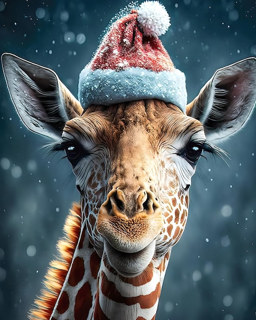 A giraffe with a red and white hat on it