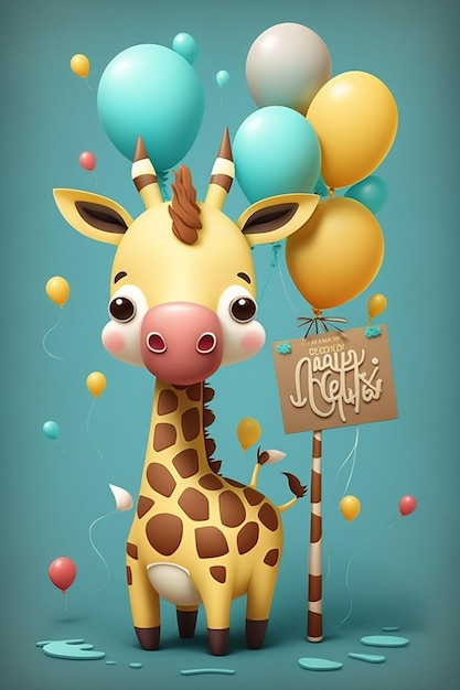 A giraffe with a sign that says happy birthday