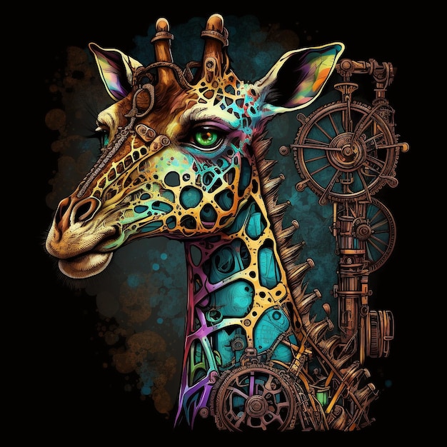 A giraffe with a steampunk style head and eyes.