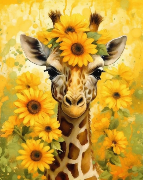 A giraffe with a sunflower on his head is surrounded by yellow flowers.