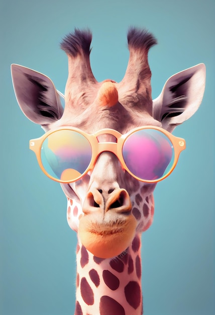 A giraffe with sunglasses and a pink rimmed hat.