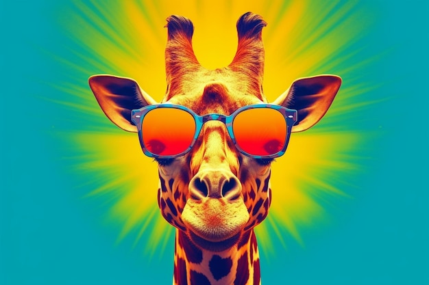 A giraffe with sunglasses that says giraffe on it