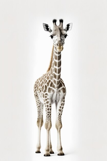 A giraffe with two horns on its head and the bottom of his head is standing in front of a white wall.