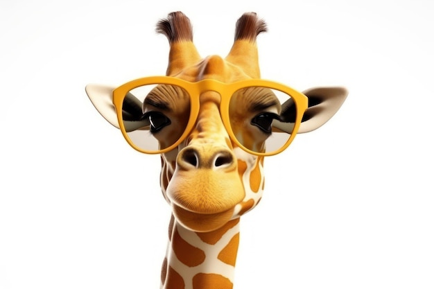 A giraffe with a yellow and orange glasses that says giraffe.