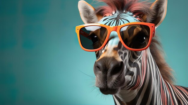 a giraffe with a zebra wearing sunglasses