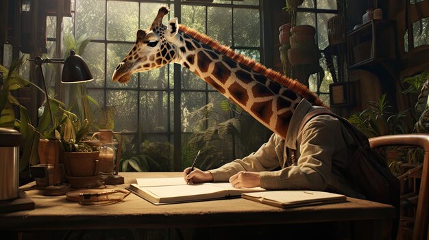 Photo a giraffe writing letters to its distant relatives in other zoos hyper real hd 4k