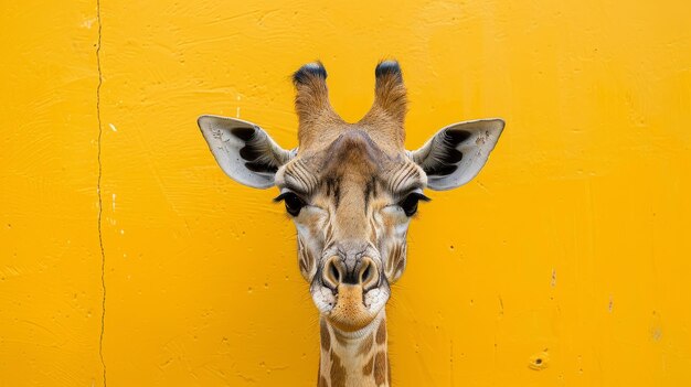 A giraffe on a yellow background