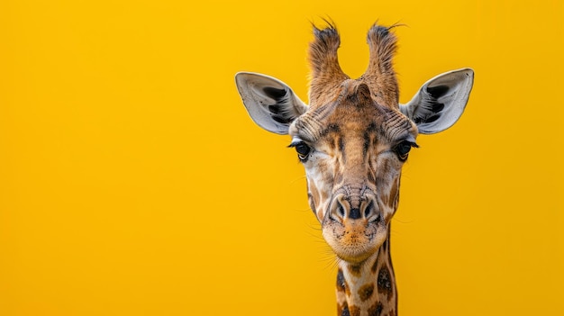 A giraffe on a yellow background