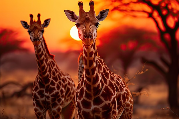 Giraffen giraffen in de savanne bij zonsondergang generatieve IA