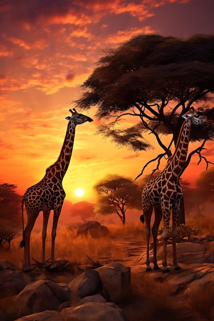 Giraffen grazen op acacia bomen in de warme gloed van een Afrikaanse zonsondergang zomer AI gegenereerd