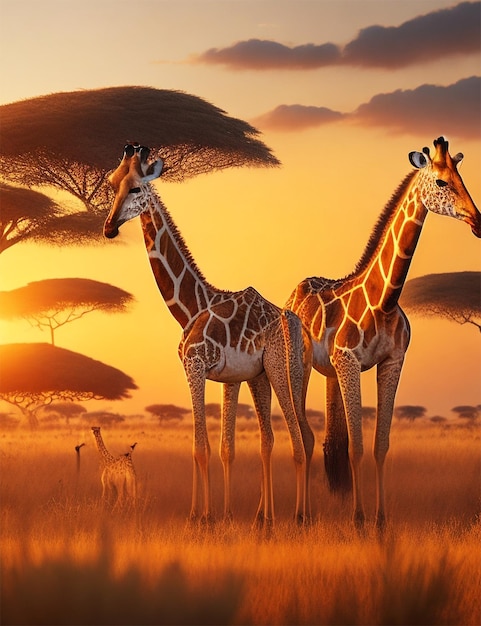 Giraffes in the African savanna at sunset Serengeti national park Tanzania Africa banner format