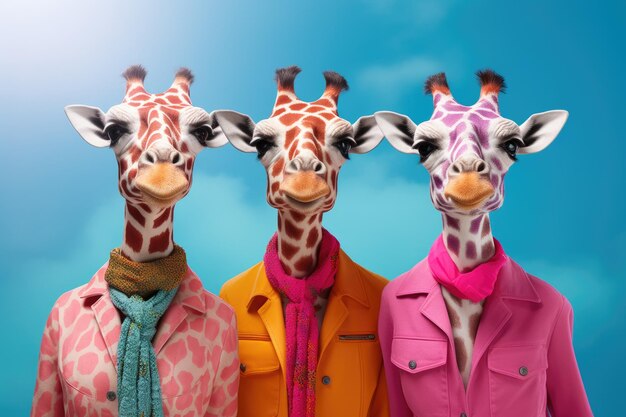 Photo giraffes in bright jackets and scarves