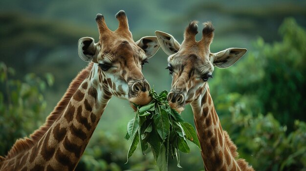 Foto giraffe che mangiano insieme le foglie nella giungla di massai marah in sudafrica