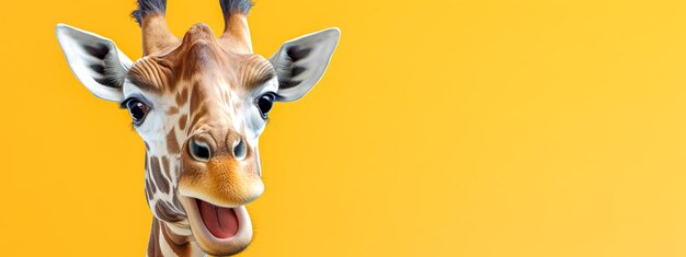 Giraffes face with a playful expression of astonishment set against a vibrant yellow background that